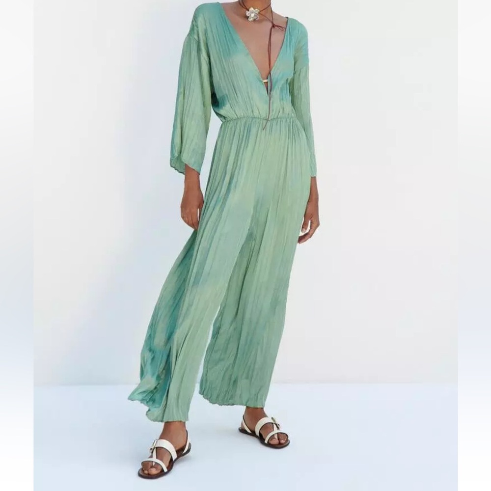 Zara Light Green Pleated V-Neck Jumpsuit